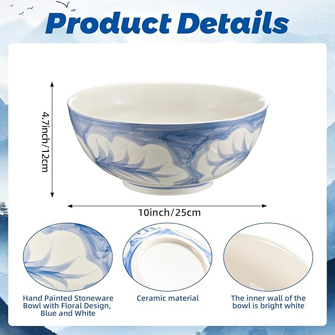 Maxdot Blue and White Bowl 10 x 5 Inch Large Hand Painted Stoneware Decorative Vase Bowl with Floral Chinoiserie Ceramic Design for Kitchen Centerpiece Creative Home Decor