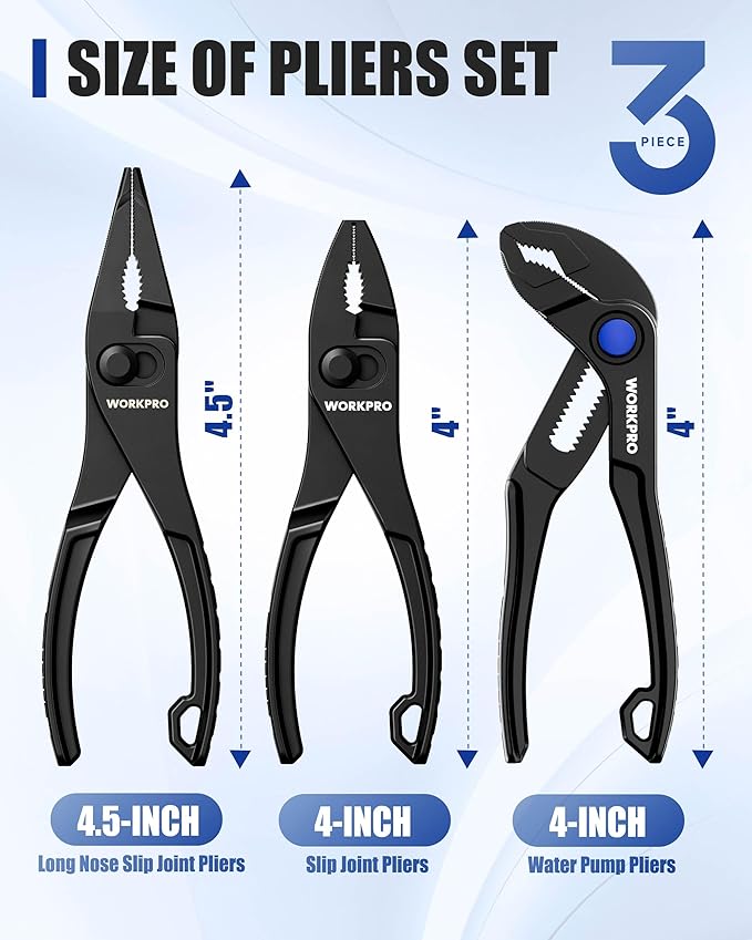 WORKPRO 3-Piece Mini Pliers Set with Pouch, 4-Inch Slip Joint Plier & 4-Inch Water Pump Plier & 4.5-Inch Long Nose Slip Joint Plier, High-Toughness Pocket Pliers for Tight Spaces & Versatile Use