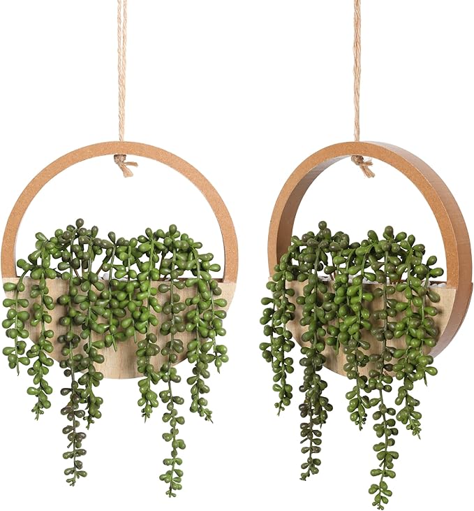 Floweroyal 2pcs Artificial Succulents Hanging Plants 12.2'' Fake String of Pearls in Pot with 8.3'' Lanyard for Indoor Outdoor Wall Decor(Wood Color)