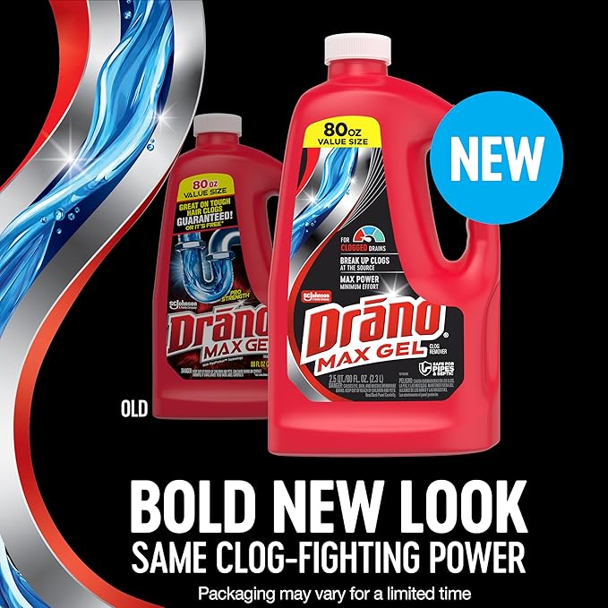 Drano Max Gel Drain Clog Remover & Cleaner, Fast-Acting to Unclog Standing Water & Remove Hair, Grease & Food Blockages, Safe for all Pipes & Septic, Kitchen Sinks, Bathroom Showers, 80 Oz, 2 Pack