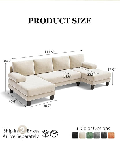 Click to see full view      2+  9 VIDEOS U-Shaped Sectional Couches for Living Room | 112 Inch Modern Sectional Couch | Warm White Chenille Sofa with Double Chaise for Apartment