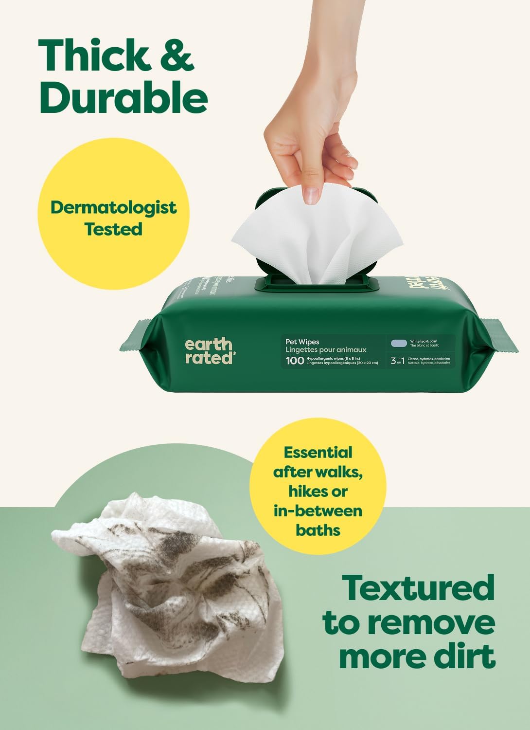3-in-1 Dog Wipes for Paws & Butt, Deodorizing, White Tea & Basil 100ct