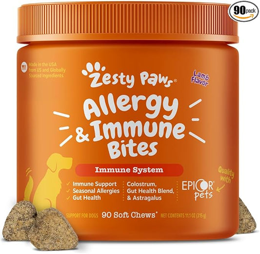 Zesty Paws Allergy Immune Bites - Dog Allergy Chews, Dog Probiotics for Itchy Skin and Ears, Lamb, 90ct