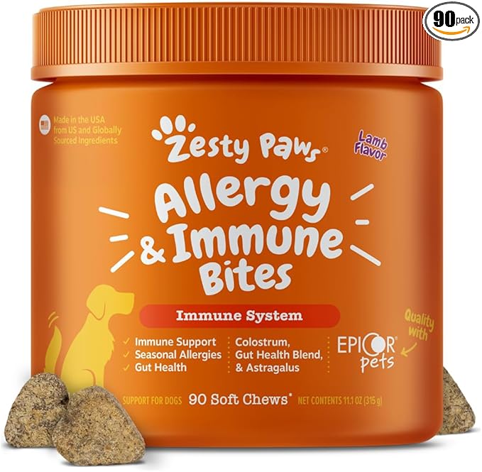 Zesty Paws Allergy Immune Bites - Dog Allergy Chews, Dog Probiotics for Itchy Skin and Ears, Lamb, 90ct