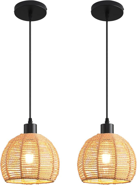 Woven Pendant Light Boho Chandelier, Rattan Pendant Lights Kitchen Island, Farmhouse Pendant Lighting with Hand Woven Wicker Shade, Boho Chandelier Light Fixtures Ceiling Hanging Light