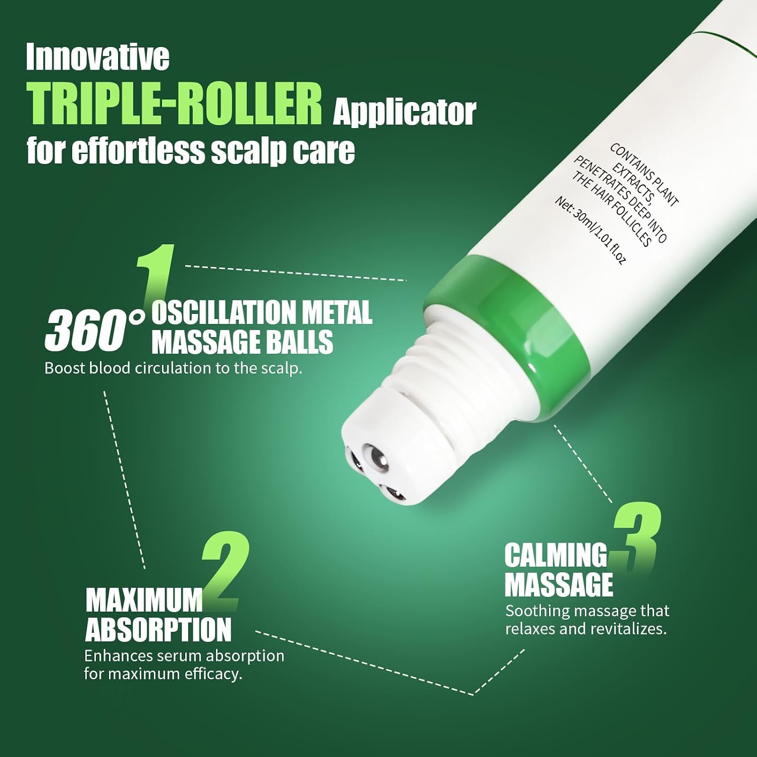 Hair Growth Serum Roll On - Biotin, Saw Palmetto & Caffeine for Hair Regrowth, Fermented Rice Water & Rosemary Extract Nourishes Sensitive Scalp, Anti Hair Loss for Men Women, 30ml