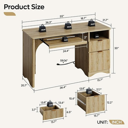 Bestier Computer Desk with Drawer, 55 inch Office Desk with Power Outlet, Modern Home Office Desk with Keyboard Tray (Natual Oak, 55" W with Single-Sided Drawers)