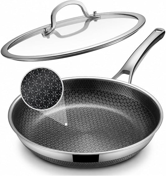 Non Stick Frying Pans, 12-inch with Lid, Hybrid Pans Nonstick,Non Stick Skillets Stainless Steel Cooking Pan, Dishwasher & Oven-Safe, PFOA Free Fajita Cookware, Induction Compatible