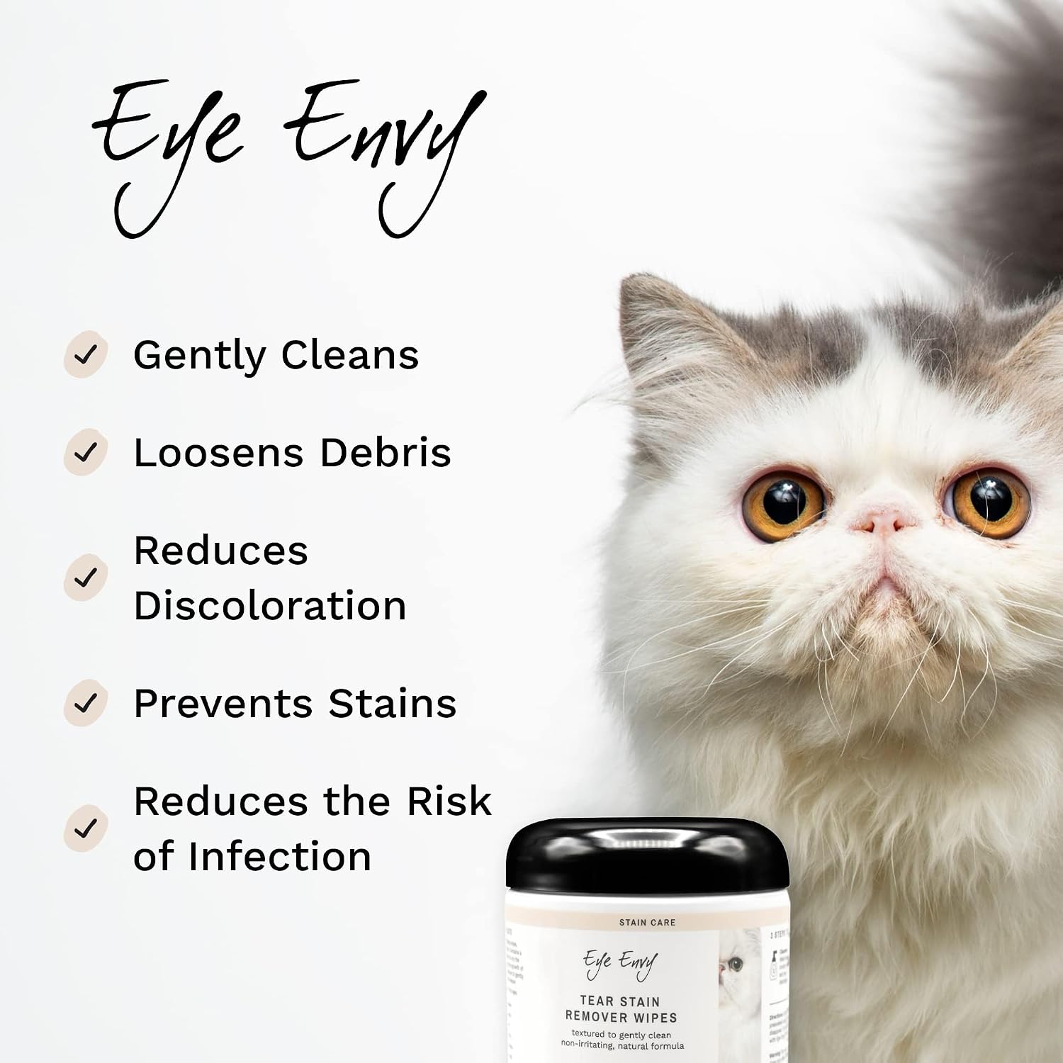 Eye Envy Tear Stain Wipes for Cats. Textured to Gently Clean Tear Stains. Natural Formula.