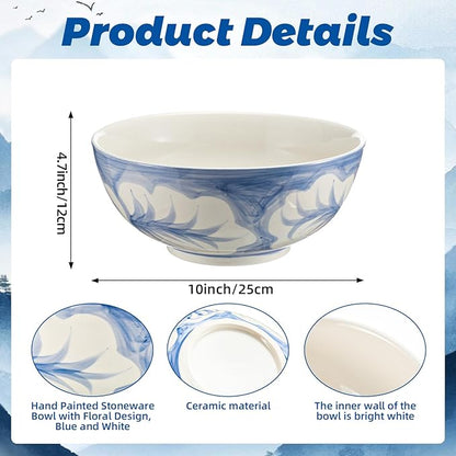 Maxdot Blue and White Bowl 10 x 5 Inch Large Hand Painted Stoneware Decorative Vase Bowl with Floral Chinoiserie Ceramic Design for Kitchen Centerpiece Creative Home Decor