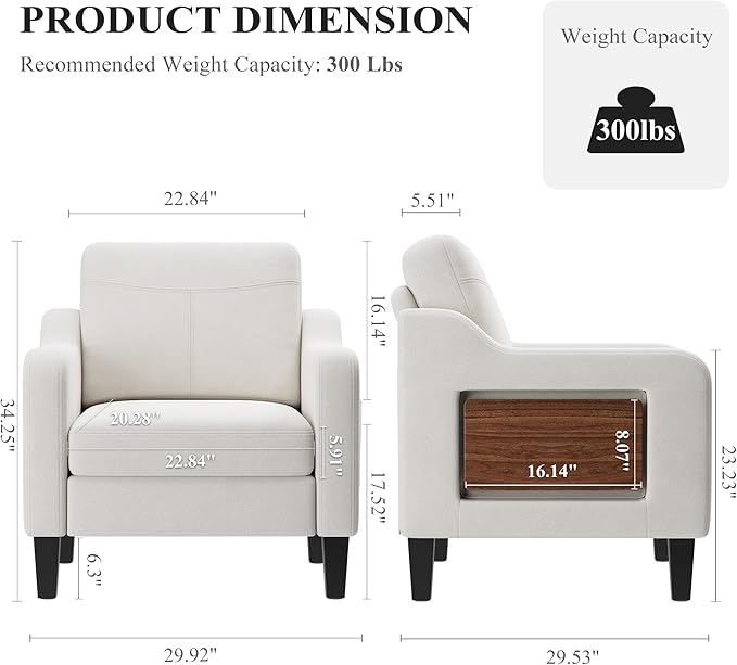Accent Chairs Set of 2 for Living Room, Mid-Century Upholstered Armchair with Foldable Table & 2 Side Pockets, Modern Linen Wooden Sofa Chair for Bedroom & Reading Room, Beige