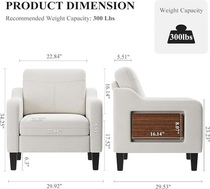 Accent Chairs Set of 2 for Living Room, Mid-Century Upholstered Armchair with Foldable Table & 2 Side Pockets, Modern Linen Wooden Sofa Chair for Bedroom & Reading Room, Beige