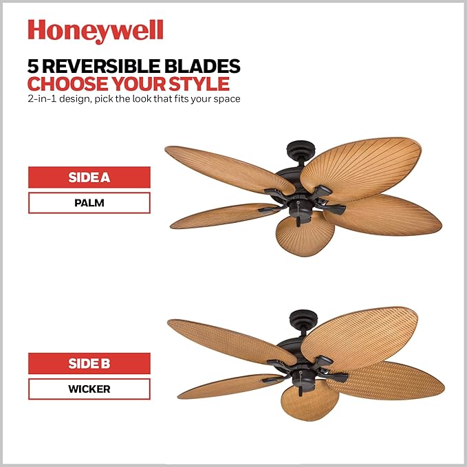 Honeywell Ceiling Fans Palm Island, 52 Inch Tropical Indoor Outdoor Ceiling Fan with No Light, Pull Chain, Two Mounting Options, 5 Palm Leaf Blades, Damp-Rated - 50505-01 (Bronze)