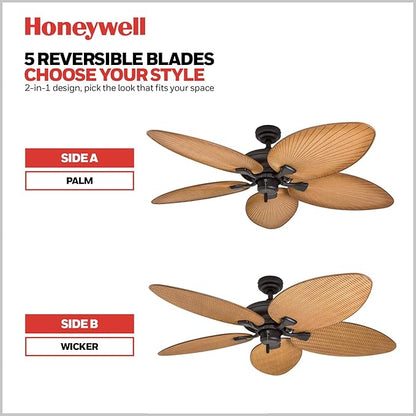Honeywell Ceiling Fans Palm Island, 52 Inch Tropical Indoor Outdoor Ceiling Fan with No Light, Pull Chain, Two Mounting Options, 5 Palm Leaf Blades, Damp-Rated - 50505-01 (Bronze)