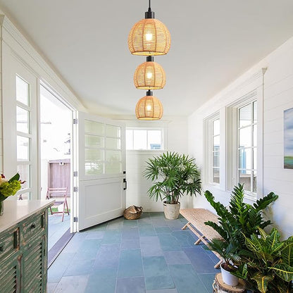 Woven Pendant Light Boho Chandelier, Rattan Pendant Lights Kitchen Island, Farmhouse Pendant Lighting with Hand Woven Wicker Shade, Boho Chandelier Light Fixtures Ceiling Hanging Light