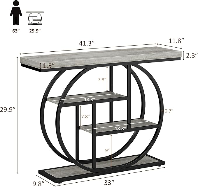 41.3" Console Table, Modern Sofa Table with Circle Base, 4-Tier Narrow Entryway Table for Hallway, Slim Industrial Accent Table with Storage Shelves for Living Room, Grey