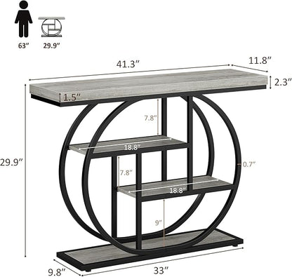 41.3" Console Table, Modern Sofa Table with Circle Base, 4-Tier Narrow Entryway Table for Hallway, Slim Industrial Accent Table with Storage Shelves for Living Room, Grey