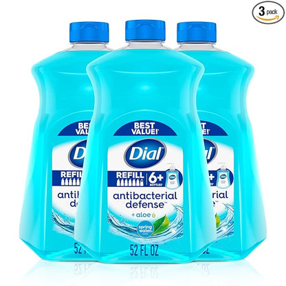 Dial Antibacterial Defense Liquid Hand Soap + Aloe, Spring Water Scent, 52 Fl Oz Hand Soap Refill (Pack of 3), Dermatologist-Tested, Gentle Formula