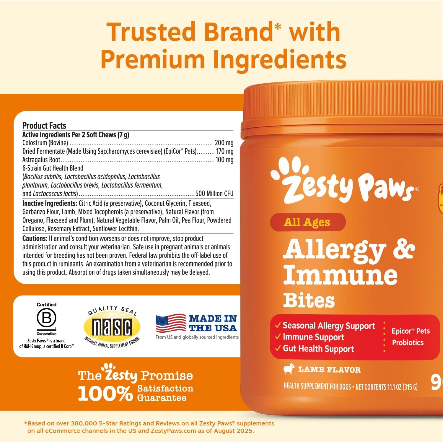 Zesty Paws Dog Allergy Chews - Dog Allergy Relief, Lamb, 90 Ct