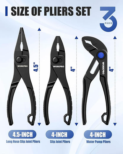 WORKPRO 3-Piece Mini Pliers Set with Pouch, 4-Inch Slip Joint Plier & 4-Inch Water Pump Plier & 4.5-Inch Long Nose Slip Joint Plier, High-Toughness Pocket Pliers for Tight Spaces & Versatile Use