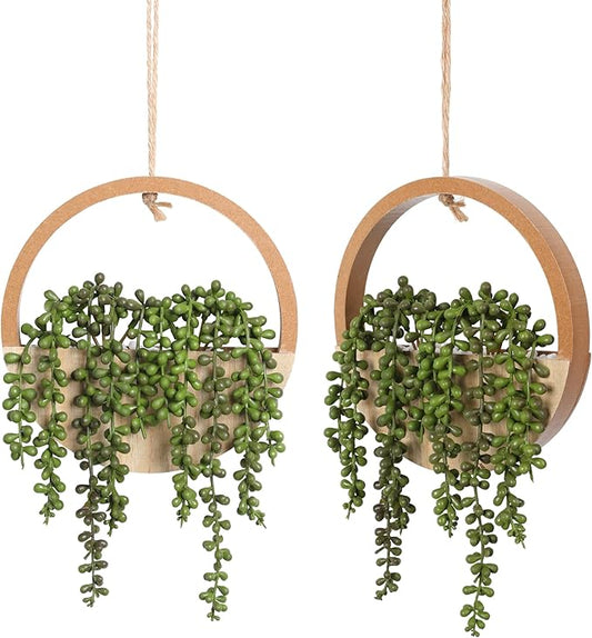 Floweroyal 2pcs Artificial Succulents Hanging Plants 12.2'' Fake String of Pearls in Pot with 8.3'' Lanyard for Indoor Outdoor Wall Decor（Wood Color）