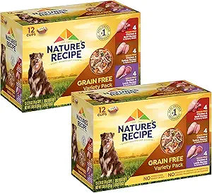 Nature's Recipe Grain Free Wet Dog Food Variety Pack, Chicken Recipes with Beef, Turkey & Lamb in Savory Broth, 2.75 oz. Cups (Pack of 12), 2 Count