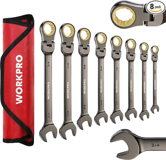 WORKPRO 8-piece Flex-Head Ratcheting Combination Wrench Set, SAE 5/16-3/4 in, 72-Teeth, CR-V Constructed, Nickel Plating with Organizer Bag