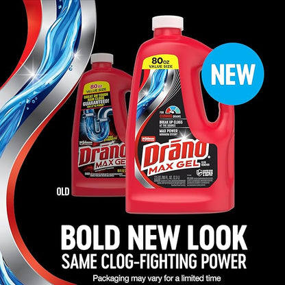 Drano Max Gel Drain Clog Remover & Cleaner, Fast-Acting to Unclog Standing Water & Remove Hair, Grease & Food Blockages, Safe for all Pipes & Septic, Kitchen Sinks, Bathroom Showers, 80 Oz, 2 Pack