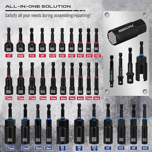80-Piece Premium Magnetic Impact Nut Driver Set Metric & SAE with Socket Adapters, Bit Holder, Wing Nut Driver, Universal Sockets, Quick Release Extension, Power Bits