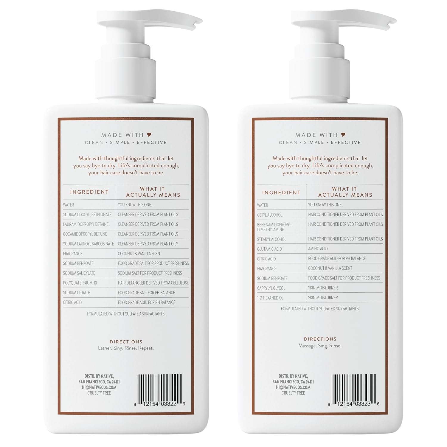 Native Coconut & Vanilla Shampoo and Conditioner Contain Naturally Derived Ingredients | All Hair Types, Color & Treated, Fine to Dry Damaged, Sulfate & Dye Free - 2-Pack