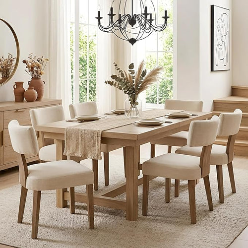 HNY Mid Century Modern Dining Chairs Set of 6, Upholstered Linen Kitchen & Dining Room Chairs with Ergonomic Curved Backrest, Solid Wood Legs, Farmhouse Accent Chair for Home, Apartment, Beige