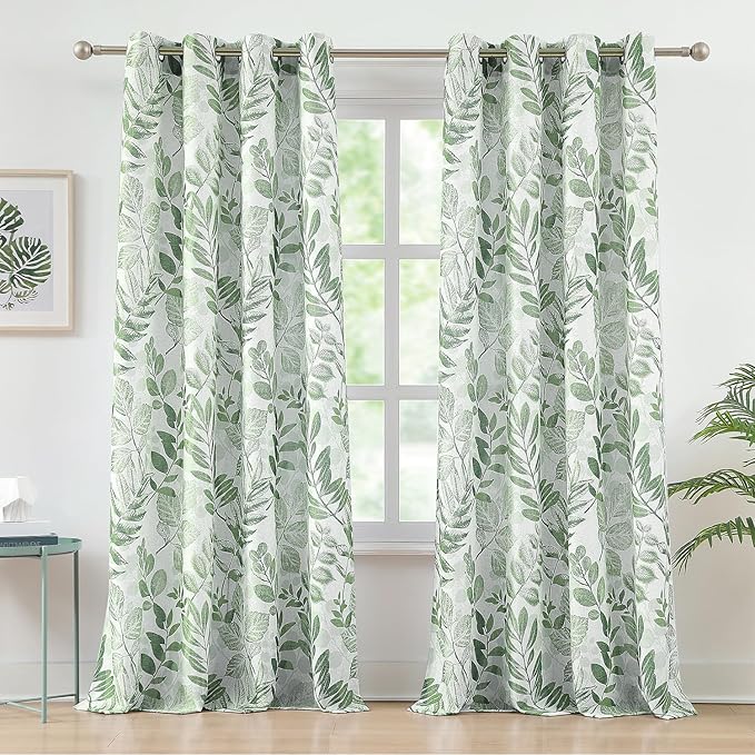 Green Leaf Print Linen Curtains for Living Room 84 inch Length Botanical Sheer Curtain Panels Natural Texture Soft Touch Light Filtering Privacy Window Drapes, 55" Wide, 2 Panel