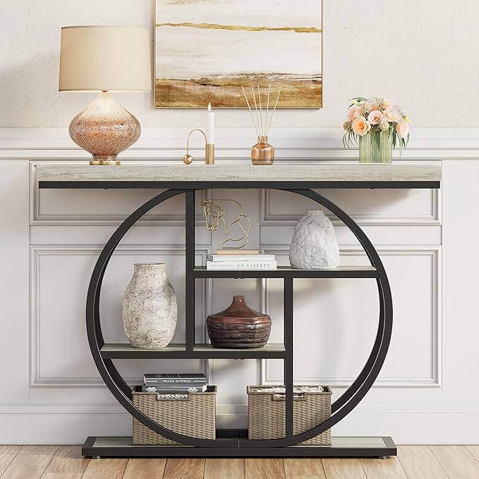 41.3" Console Table, Modern Sofa Table with Circle Base, 4-Tier Narrow Entryway Table for Hallway, Slim Industrial Accent Table with Storage Shelves for Living Room, Grey