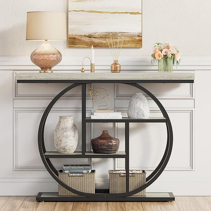 41.3" Console Table, Modern Sofa Table with Circle Base, 4-Tier Narrow Entryway Table for Hallway, Slim Industrial Accent Table with Storage Shelves for Living Room, Grey
