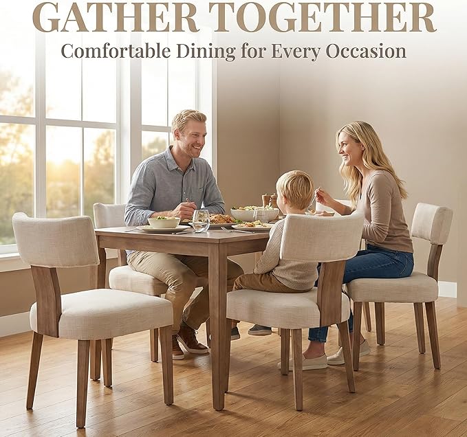 HNY Mid Century Modern Dining Chairs Set of 6, Upholstered Linen Kitchen & Dining Room Chairs with Ergonomic Curved Backrest, Solid Wood Legs, Farmhouse Accent Chair for Home, Apartment, Beige