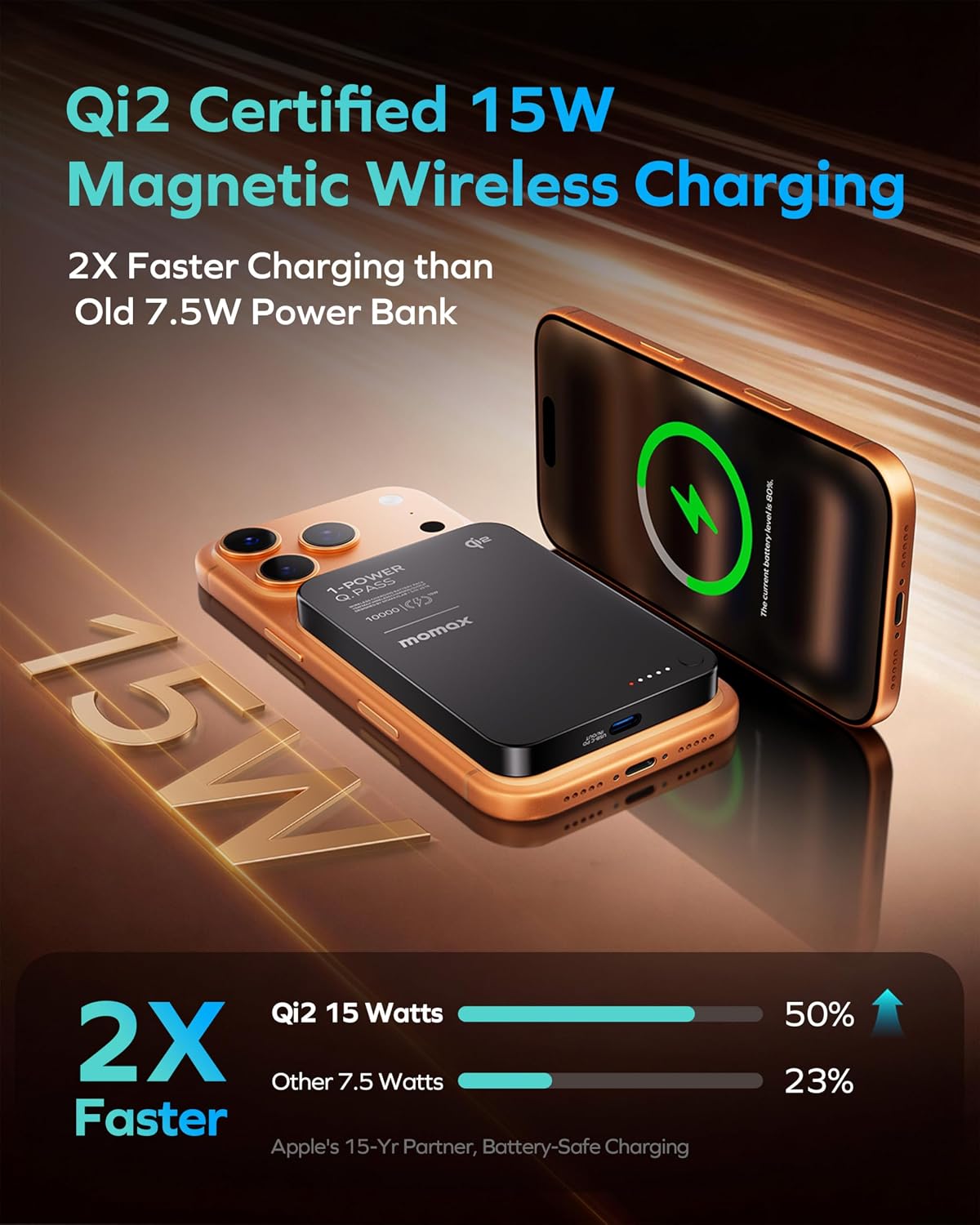 MOMAX Qi2 Magnetic Power Bank, 10000mAh Everyday Portable Charger