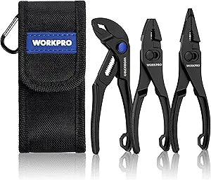 WORKPRO 3-Piece Mini Pliers Set with Pouch, 4-Inch Slip Joint Plier & 4-Inch Water Pump Plier & 4.5-Inch Long Nose Slip Joint Plier, High-Toughness Pocket Pliers for Tight Spaces & Versatile Use