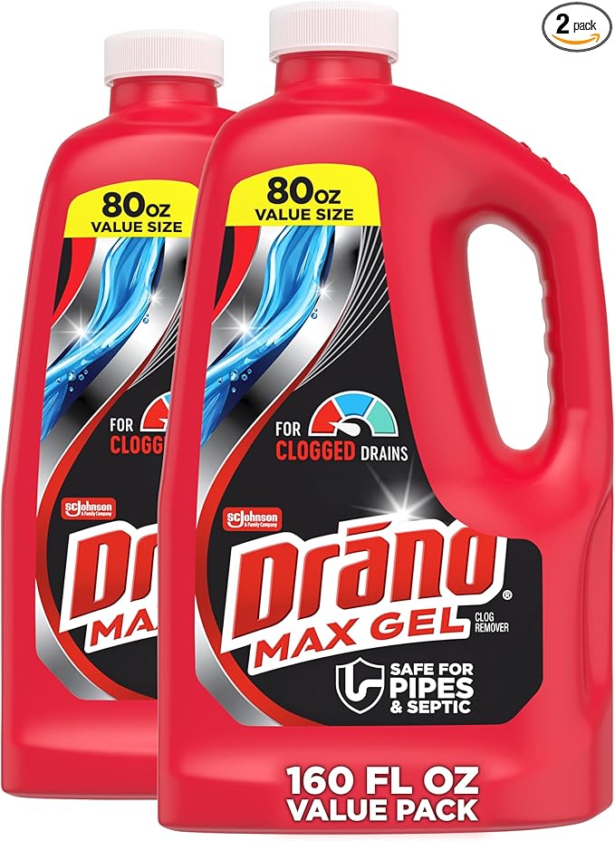 Drano Max Gel Drain Clog Remover & Cleaner, Fast-Acting to Unclog Standing Water & Remove Hair, Grease & Food Blockages, Safe for all Pipes & Septic, Kitchen Sinks, Bathroom Showers, 80 Oz, 2 Pack