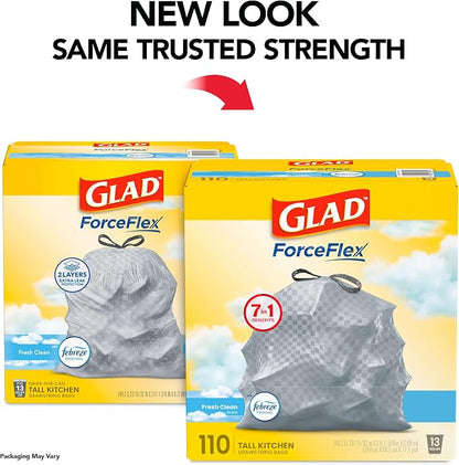 Glad Tall Kitchen Drawstring Trash Bags - Odorshield 13 Gallon White Trash Bag, Febreze Fresh Clean, 110 Count