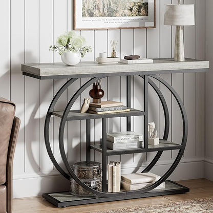 41.3" Console Table, Modern Sofa Table with Circle Base, 4-Tier Narrow Entryway Table for Hallway, Slim Industrial Accent Table with Storage Shelves for Living Room, Grey