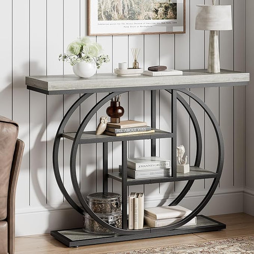41.3" Console Table, Modern Sofa Table with Circle Base, 4-Tier Narrow Entryway Table for Hallway, Slim Industrial Accent Table with Storage Shelves for Living Room, Grey