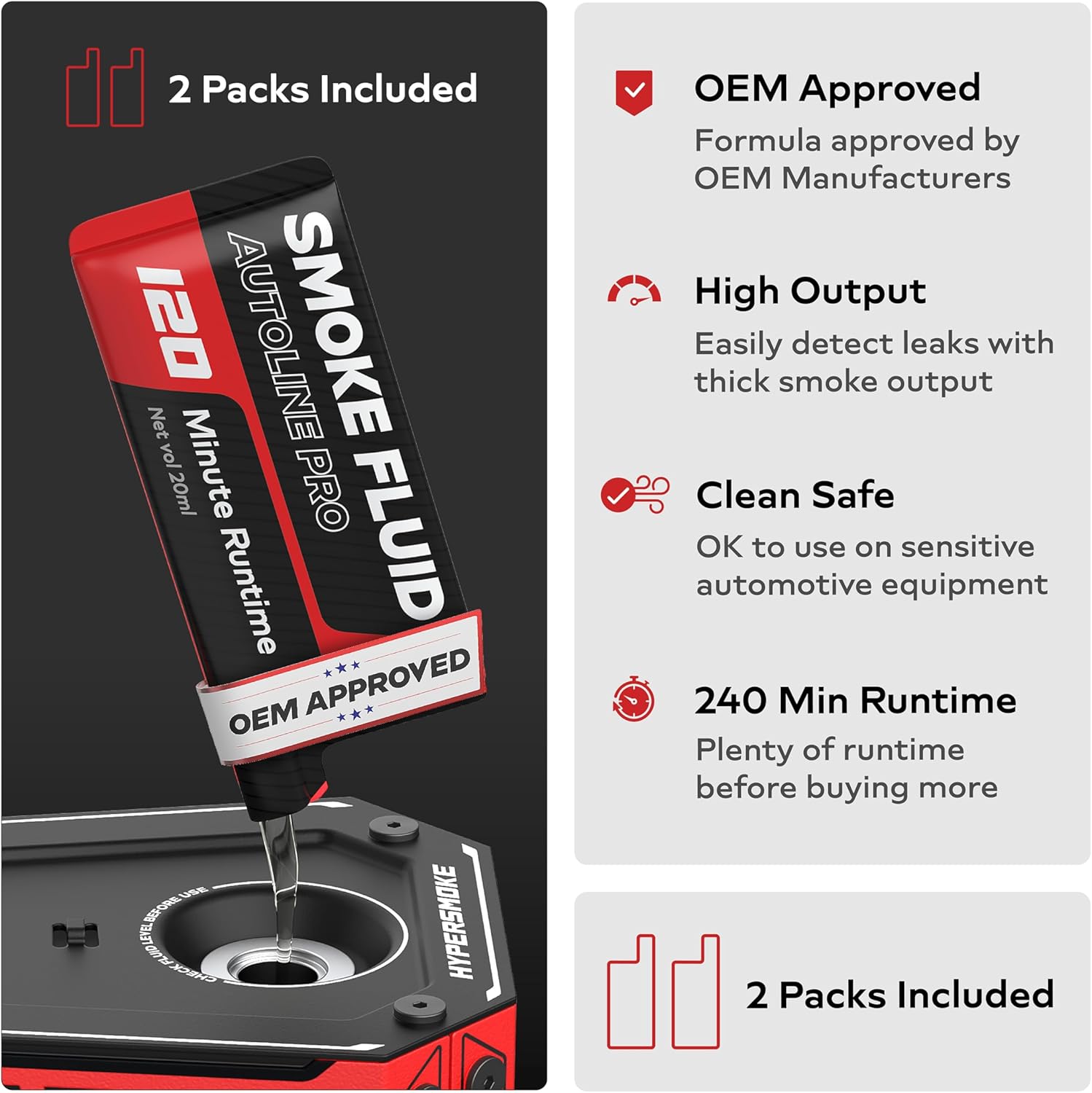 AutoLine Pro HyperSmoke™ Automotive Smoke Machine EVAP Vacuum Leak Tester – Adjustable Pressure – OEM Approved Smoke Fluid – Built-in Air Compressor Motor – Includes Cone and Gas Cap EVAP Adapter.