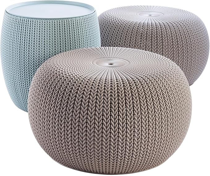 Keter Urban Knit Pouf Ottoman Set of 2 with Storage Table for Patio and Room Décor - Perfect for Balcony, Deck, and Outdoor Seating, Misty Blue & Taupe
