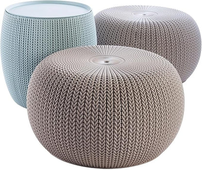 Keter Urban Knit Pouf Ottoman Set of 2 with Storage Table for Patio and Room Décor - Perfect for Balcony, Deck, and Outdoor Seating, Misty Blue & Taupe