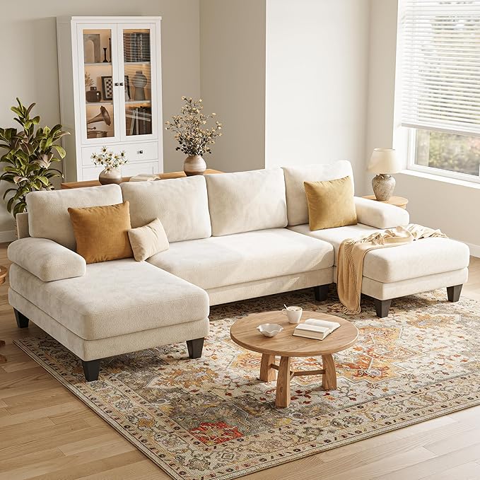 Click to see full view      2+  9 VIDEOS U-Shaped Sectional Couches for Living Room | 112 Inch Modern Sectional Couch | Warm White Chenille Sofa with Double Chaise for Apartment