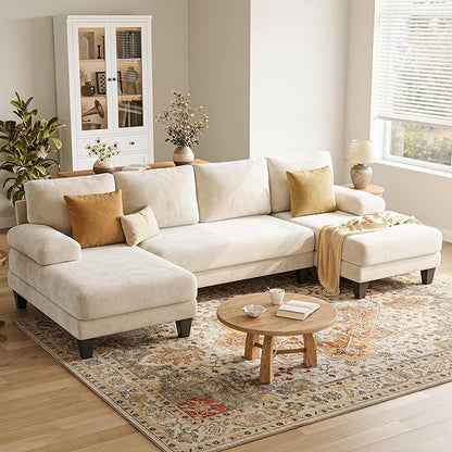 Click to see full view      2+  9 VIDEOS U-Shaped Sectional Couches for Living Room | 112 Inch Modern Sectional Couch | Warm White Chenille Sofa with Double Chaise for Apartment