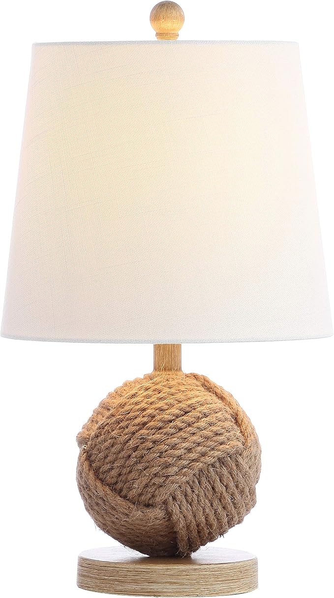 JONATHAN Y 18" Natural Monkey Fist Rope Ball LED Table Lamp, Coastal Nautical Iron and Rope Accent Lamp for Living Room Bedroom, White Linen Shade, LED Bulb Included JYL6500A