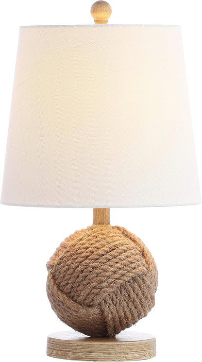 JONATHAN Y 18" Natural Monkey Fist Rope Ball LED Table Lamp, Coastal Nautical Iron and Rope Accent Lamp for Living Room Bedroom, White Linen Shade, LED Bulb Included JYL6500A