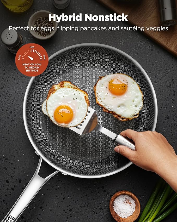 Non Stick Frying Pans, 12-inch with Lid, Hybrid Pans Nonstick,Non Stick Skillets Stainless Steel Cooking Pan, Dishwasher & Oven-Safe, PFOA Free Fajita Cookware, Induction Compatible
