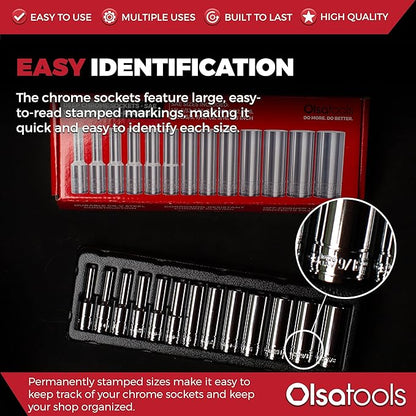 Olsa Tools SAE Deep Socket Set - 1/4-Inch Drive, 13pc - 6-Point Chrome Sockets from 1/8" to 5/8" and No Skipped Sizes - Mechanic Deep SAE Socket Set - Professional Grade Long Sockets - Part: 1329